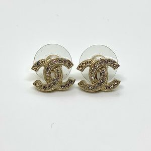 Gold Authentic Coco Chanel Studs Crystals